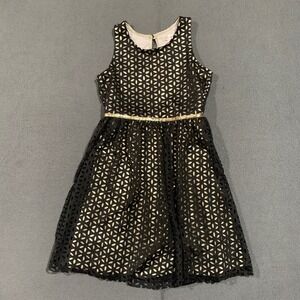 Girls Party Dress Black Gold Floral Perforated Lined Size L‎ 10/12